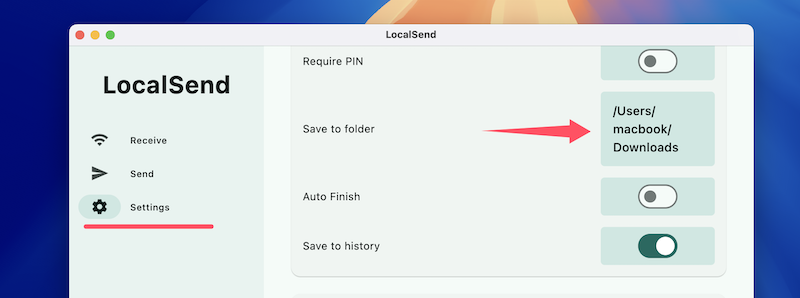 localsend change save folder mac