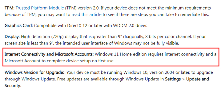 Windows 11 Internet Connection Requirement